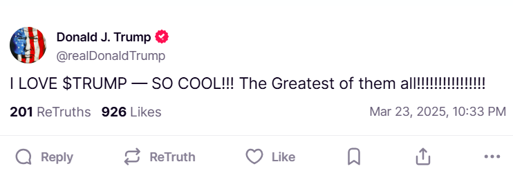 Trump publicly endorses TRUMP coin on Truth Social, token jumps 10%